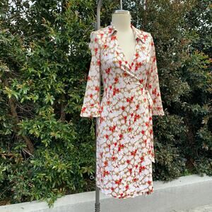 Diane Von Furstenberg Floral Wrap Midi Dress - Red and White